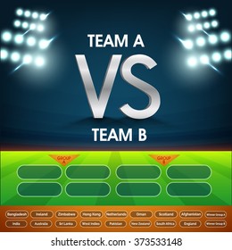 Cricket Match Schedule between Team A VS Team B on night stadium lights background.