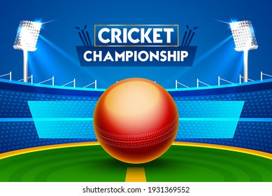 Cricket Match schedule concept with glossy ball illustration on stadium lights backgroundn with text placeholder area.