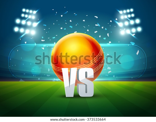 Cricket Match schedule concept with\
illustration of glossy ball on stadium lights\
background.