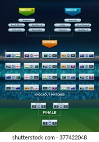 Cricket Match Schedule with illustration of participant countries flags on stadium background.