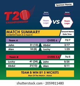 cricket match summary scorecard green and dark blue background with red color championship t20 cricket logo - Vector EPS10 illustration