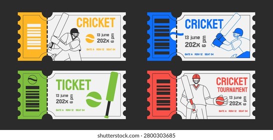 Cricket match ticket set flat vector illustration