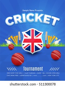 Cricket National Theme Poster Background, Vector UK Flag Event Info Postcard Design and Sports Ad Web Banner or United Kingdom Sports Horizontal Card Template, Cricketer Ball and Stick Illustration