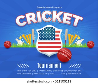 Cricket National Theme Poster Background, Vector USA Flag Event Info Postcard Design and Sports Ad Web Banner or United States Sports Horizontal Card Template, Cricketer Ball and Stick Illustration