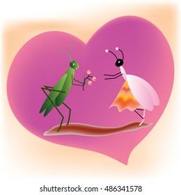 Cricket offering flowers to a queen ant on a purple heart shape background