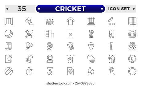 Cricket outline Icon Set. Bat, Ball, Wicket, Player and Match Vector Symbols Collection.
