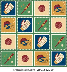 Cricket patchwork seamless pattern. Bento box repeat background. sport equipment retro post stamps endless design. Vector hand drawn flat illustration.