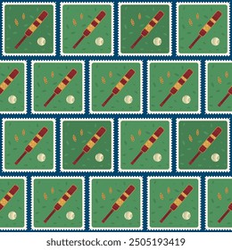 Cricket Patchwork nahtlose Muster. Bento-Box Fledermäuse, Bälle und Bälle wiederholen Hintergrund. Quadratische Retro-Post Stempel endlose Oberfläche Design. Flache Vektorgrafik, handgezeichnet.