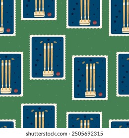 Cricket Patchwork nahtlose Muster. Bento-Box Korb Bails wiederholen Hintergrund. Sport Retro Post Stempel endlose Oberfläche Design. Flache Vektorgrafik, handgezeichnet.