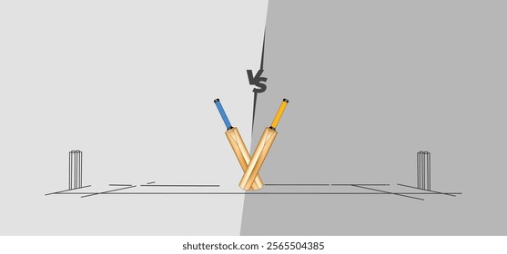 Cricket pitch with stump on two sides. Team battle, two team comparison with cricket bat. Editable vector