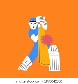 Cricket player in action cartoon character. Male athlete practicing. Active lifestyle concept.