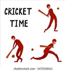 Cricket Player In Action. Cricket Team Character. Poses. Flat simple Illustration.