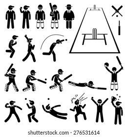 Cricket Player Actions Poses Stick Figure Pictogram Icons