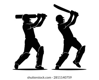Cricket player in aggressive batting stance, silhouette, outdoor game, athletic action, competition.
