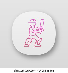 Cricket player app icon. Batsman ready to fight off pitch. Cricketer in uniform, leg pads with bat. Team game. UI/UX user interface. Web or mobile applications. Vector isolated illustrations