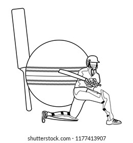 cricket  player with ball and bat in black and white