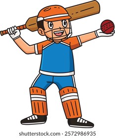 Cricket Player with a Ball and Bat Cartoon Clipart