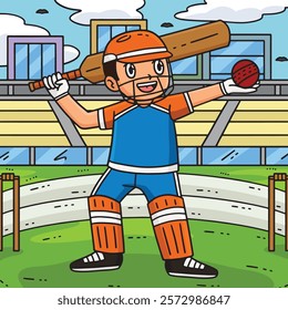 Cricket Player with a Ball and Bat Colored Cartoon