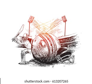 Cricket player with ball helmet  in Cricket stadium freehand sketch graphic design, vector illustration 