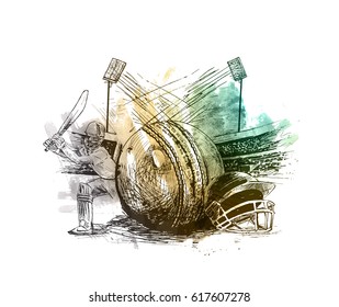Cricket player with ball helmet in Cricket stadium freehand sketch graphic design, vector illustration 