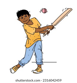 Cricket player with bat and ball. Boy hitting the ball with a bat. Cute child in sports. Vector illustration.