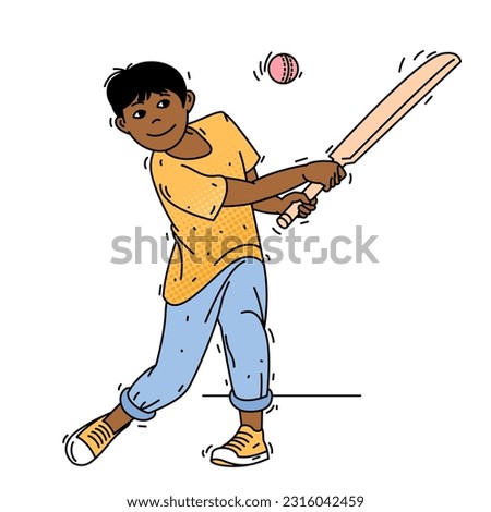 Cricket player with bat and ball. Boy hitting the ball with a bat. Cute child in sports. Vector illustration.