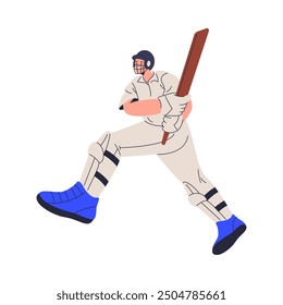 Cricket player with bat and equipment for game, flat cartoon vector illustration. Isolated character professional player practicing sports, working out and preparing for tournament