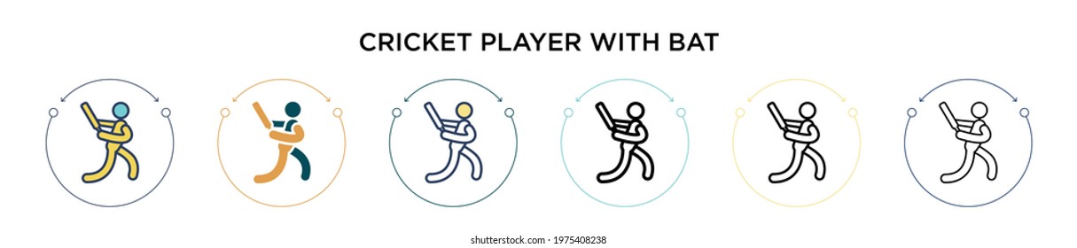 Cricket player with bat icon in filled, thin line, outline and stroke style. Vector illustration of two colored and black cricket player with bat vector icons designs can be used for mobile, ui, web