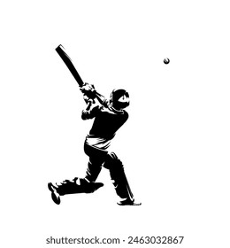 Cricket player, batsman, in action, isolated vector silhouette, side view