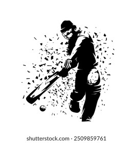 Cricket player, batsman, in action, isolated vector silhouette, front view