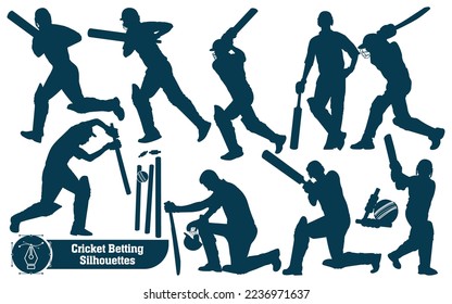 Cricket player betting silhouettes in different poses