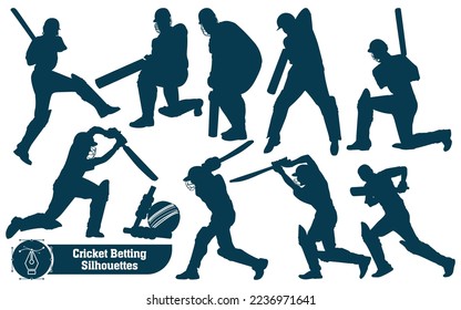 Cricket player betting silhouettes in different poses