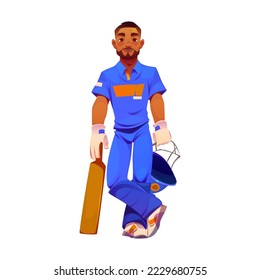 Cricket player in blue sport uniform. Standing indian professional batsman with cricket bat and helmet isolated on white background, vector cartoon illustration