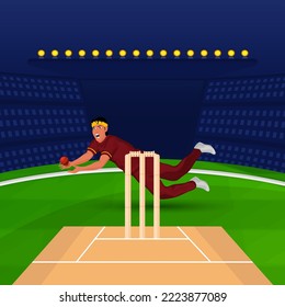 Cricket Player Or Bowler Catching The Ball On Pitch Background.