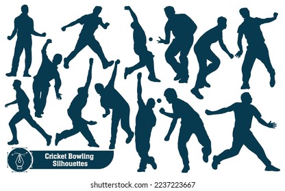 Cricket player bowling silhouettes in different poses