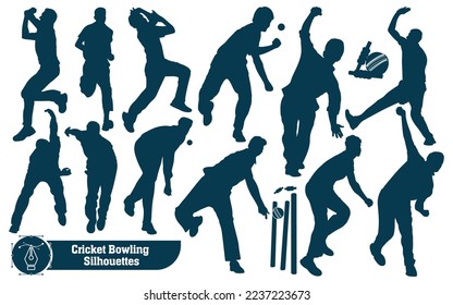 Cricket player bowling silhouettes in different poses