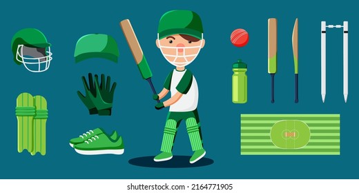 Cricket player cartoon and equipment set such as ball, uniform, helmet, stump, golve, leg guard, shoe. Objects isolated on a blue background.