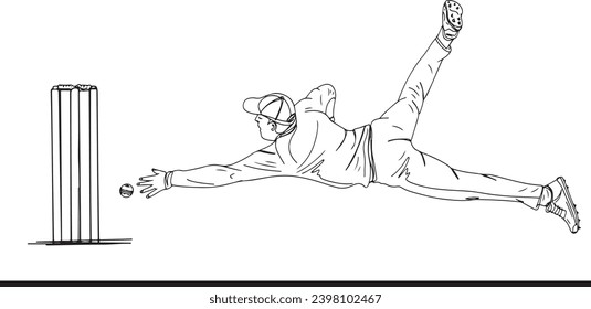 Cricket player catching ball vector illustration, Sketch drawing of cricket fielding catch, Full-length cricketer diving to catch ball clip art