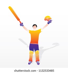cricket player celebrate century, player up bat and helmet to celebrate success