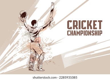 Cricket player celebrate century or winning match concept poster design. line drawing illustration of batsman in winning pose. Batsman celebrates after hitting a winning shot.