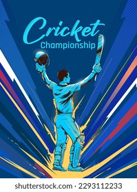 Cricket player celebrate century or winning match concept poster design. illustration of batsman in winning pose on blue background. Batsman celebrates after hitting a winning shot.