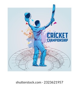 Cricket player celebrate century or winning match concept poster design. Vector illustration of batsman in winning pose. Batsman celebrates after hitting a winning shot