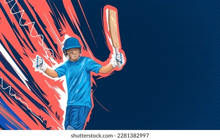 El jugador de críquet celebra el siglo de éxito. El jugador de críquet alcanzó el diseño de un afiche de gran impacto. Cricket Batsman celebra el concepto del siglo o ganador del partido.