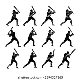 Cricket player with different cricketing tool helmet, Cricket Player Silhouettes in Action batsman