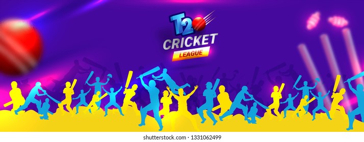 Cricket player in different playing pose with cricket equipment illustration on purple background for T20 Cricket League header or banner design.