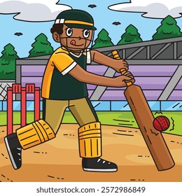 Cricket Player Hitting the Ball Colored Cartoon 