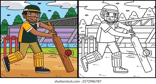 Cricket Player Hitting Ball Coloring Illustration