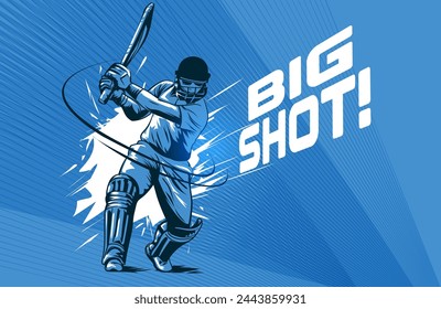 Cricket-Spieler, der die Big Shot-Vektorgrafik trifft. Illustration des Schlagers, der Cricket spielt. Cricket Championship Banner Design auf blauem Hintergrund.