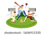 Cricket player holding a bat on court. Cricket player training. Athlete on the stadium. Championship tournament, team sport concept. Isolated vector illustration in cartoon style