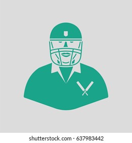 Cricket player icon. Gray background with green. Vector illustration.